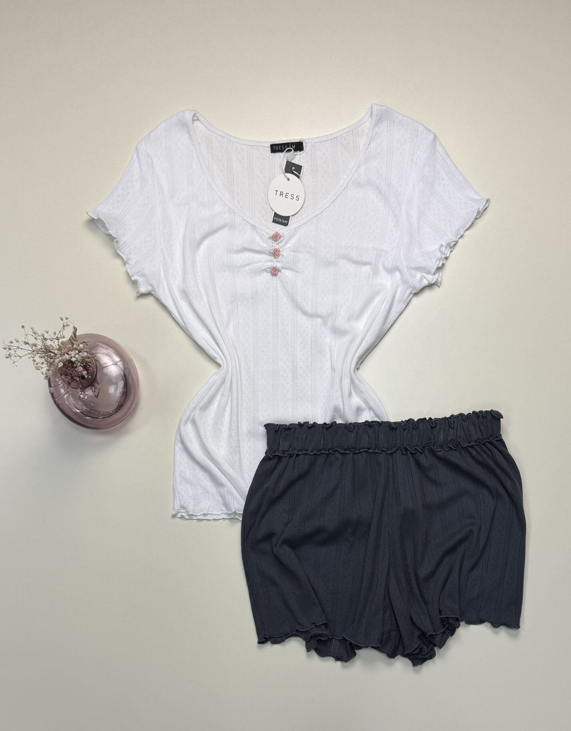 Pyjama Short haut demi manche en coton -Tress- " Blanc "