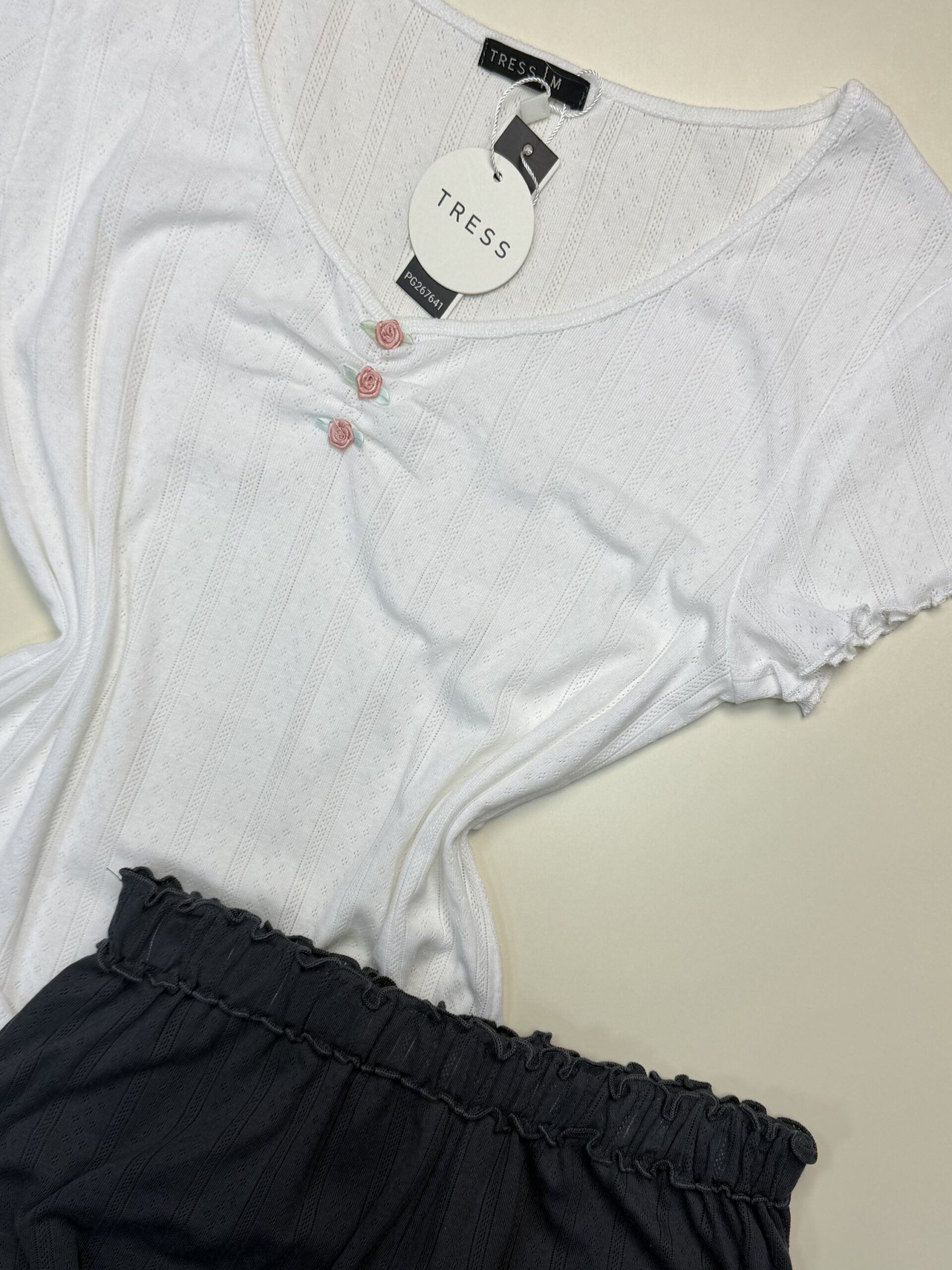 Pyjama Short haut demi manche en coton -Tress- " Blanc " – Image 3