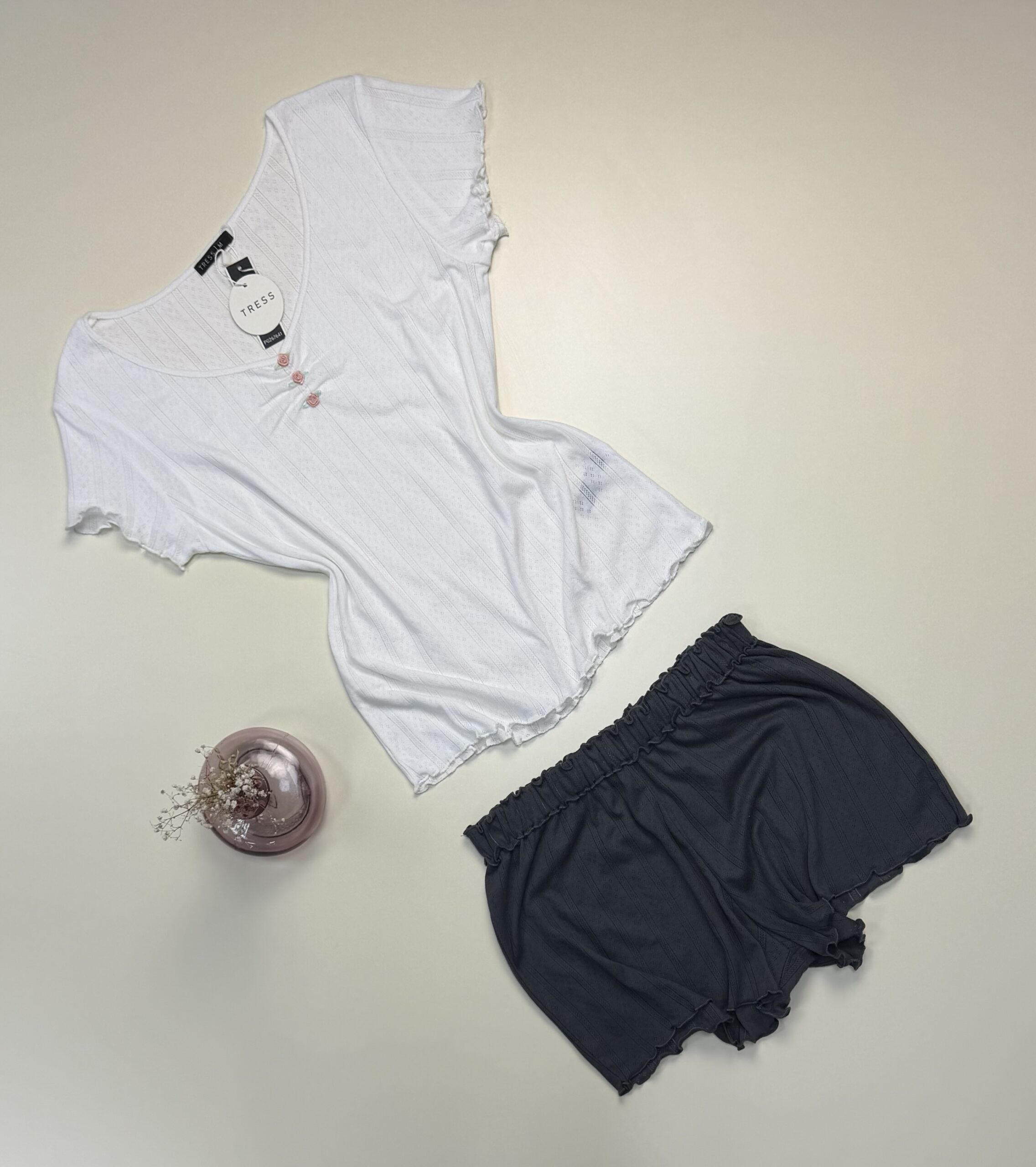 Pyjama Short haut demi manche en coton -Tress- " Blanc " – Image 2