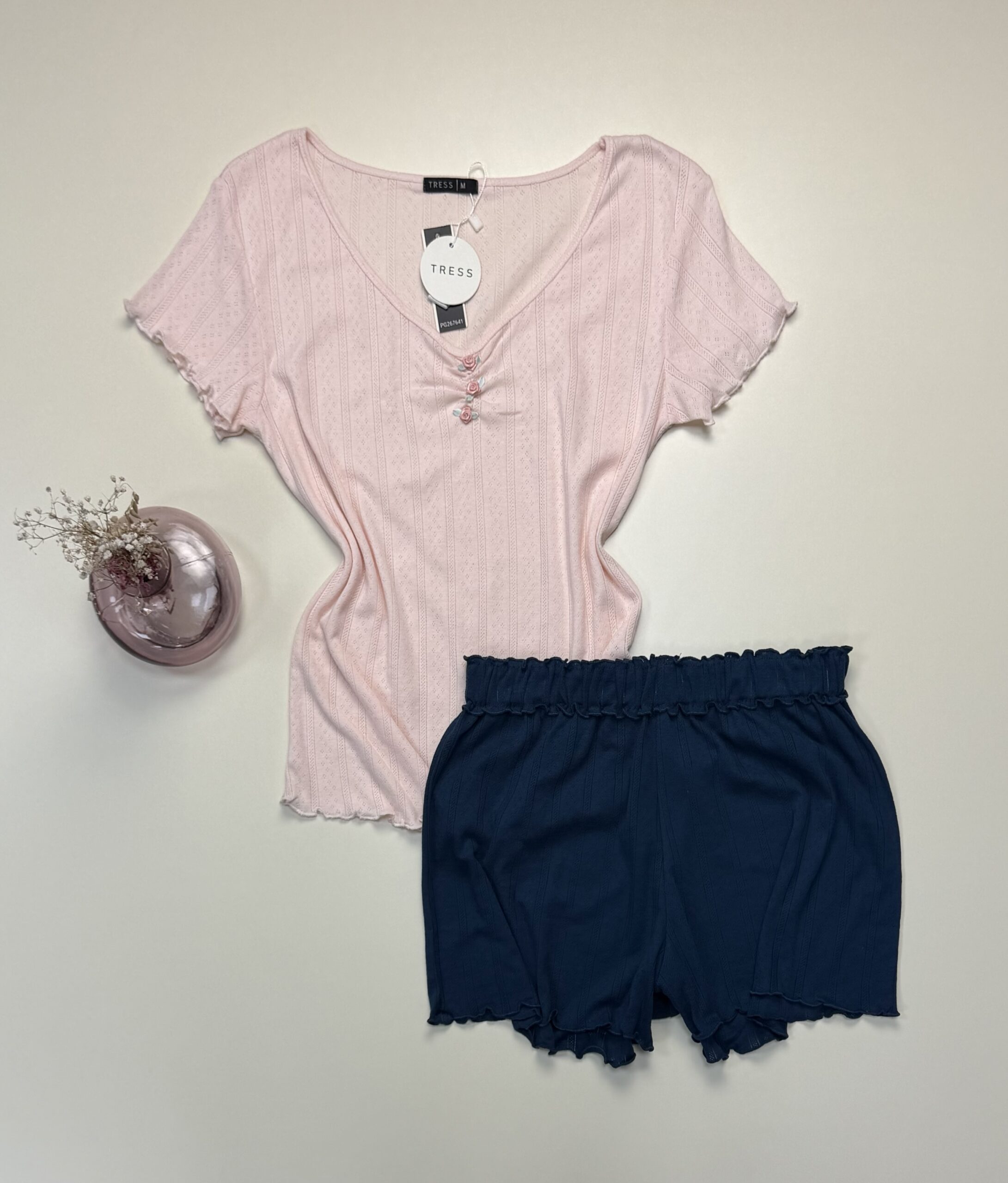 Pyjama Short haut demi manche en coton -Tress- " Rose "