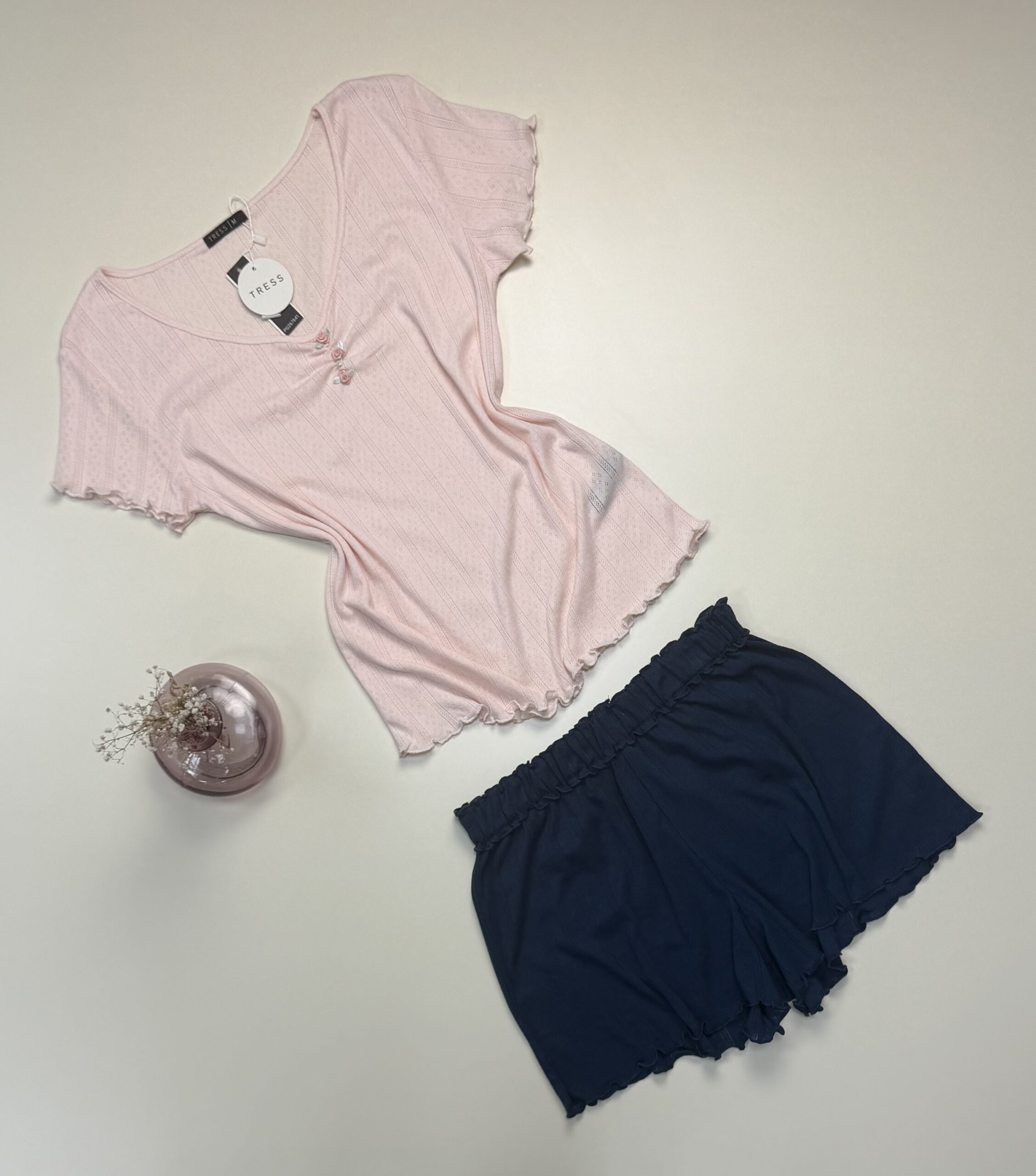 Pyjama Short haut demi manche en coton -Tress- " Rose " – Image 2