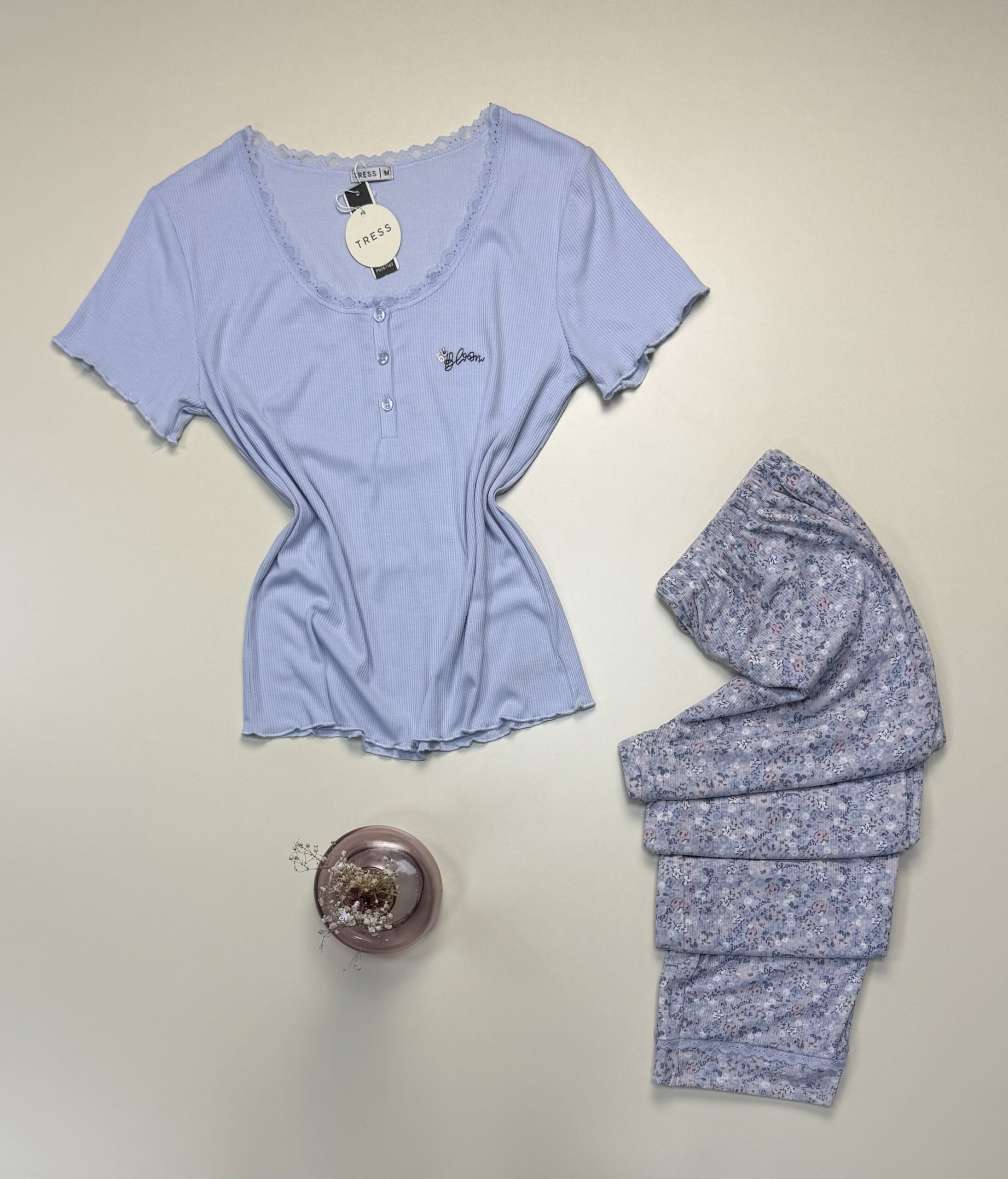 Pyjama pantalon haut demi manche -Tress- " Bleu " – Image 3