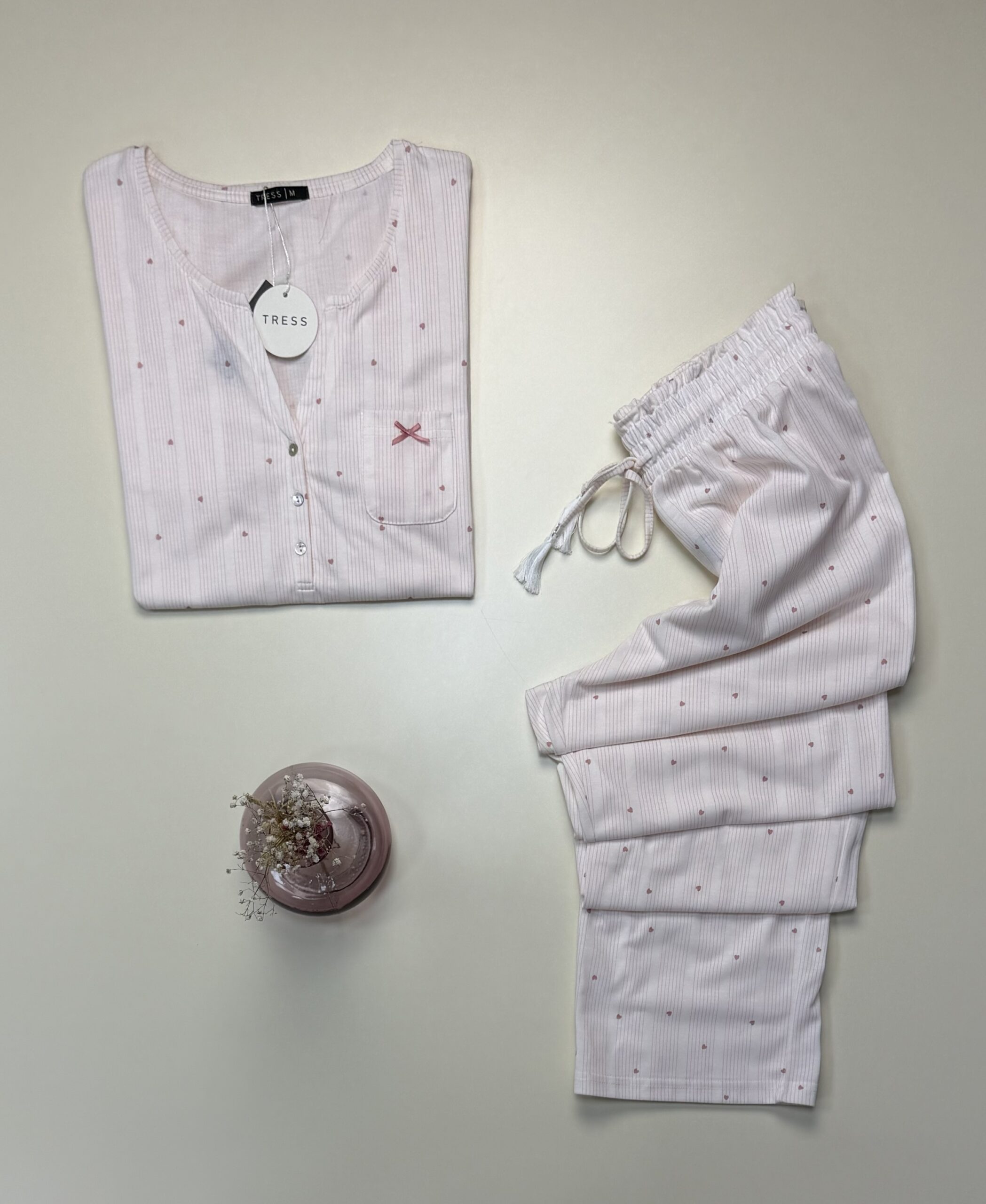 Pyjama pantalon haut demi manche -Tress- Coton " Rose " – Image 2