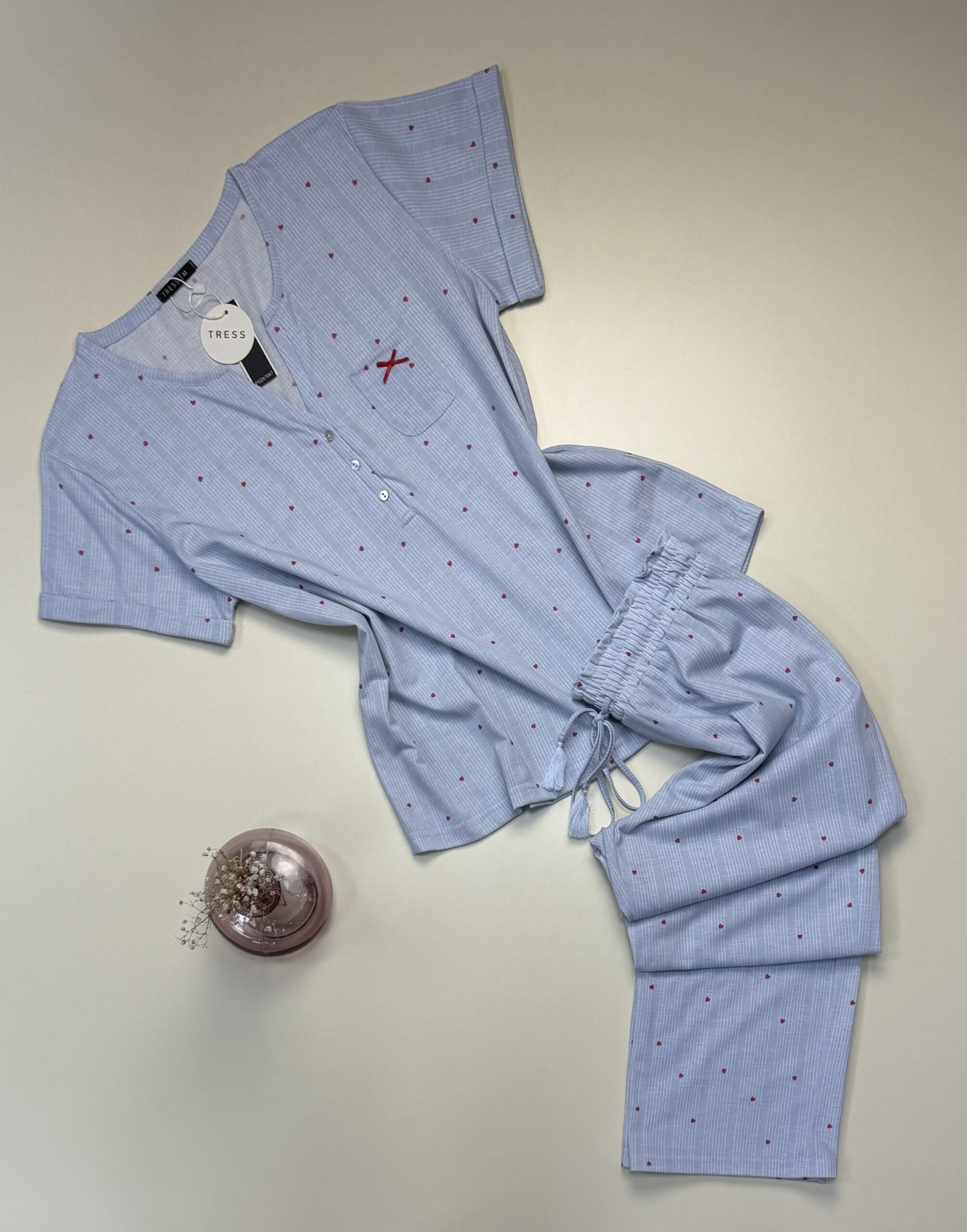 Pyjama pantalon haut demi manche -Tress- Coton  » Bleu « 