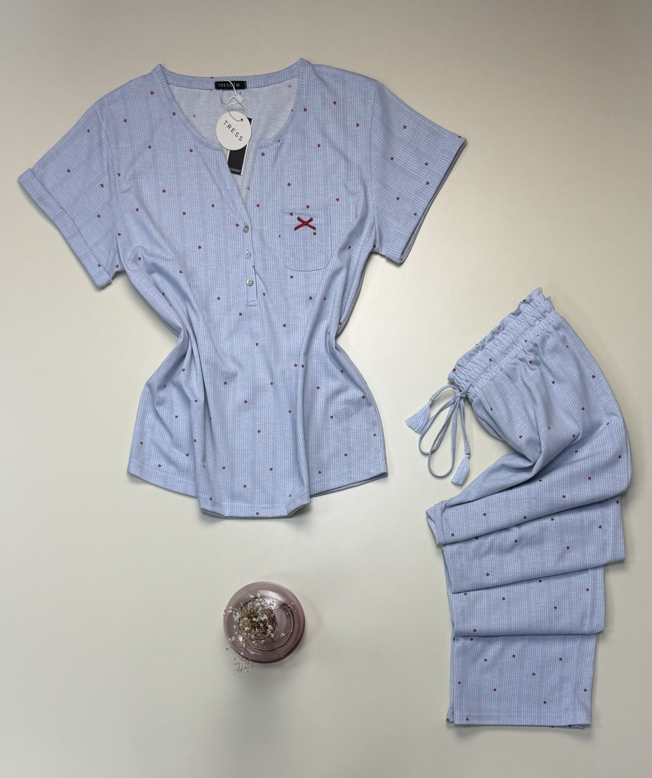 Pyjama pantalon haut demi manche -Tress- Coton " Bleu " – Image 3