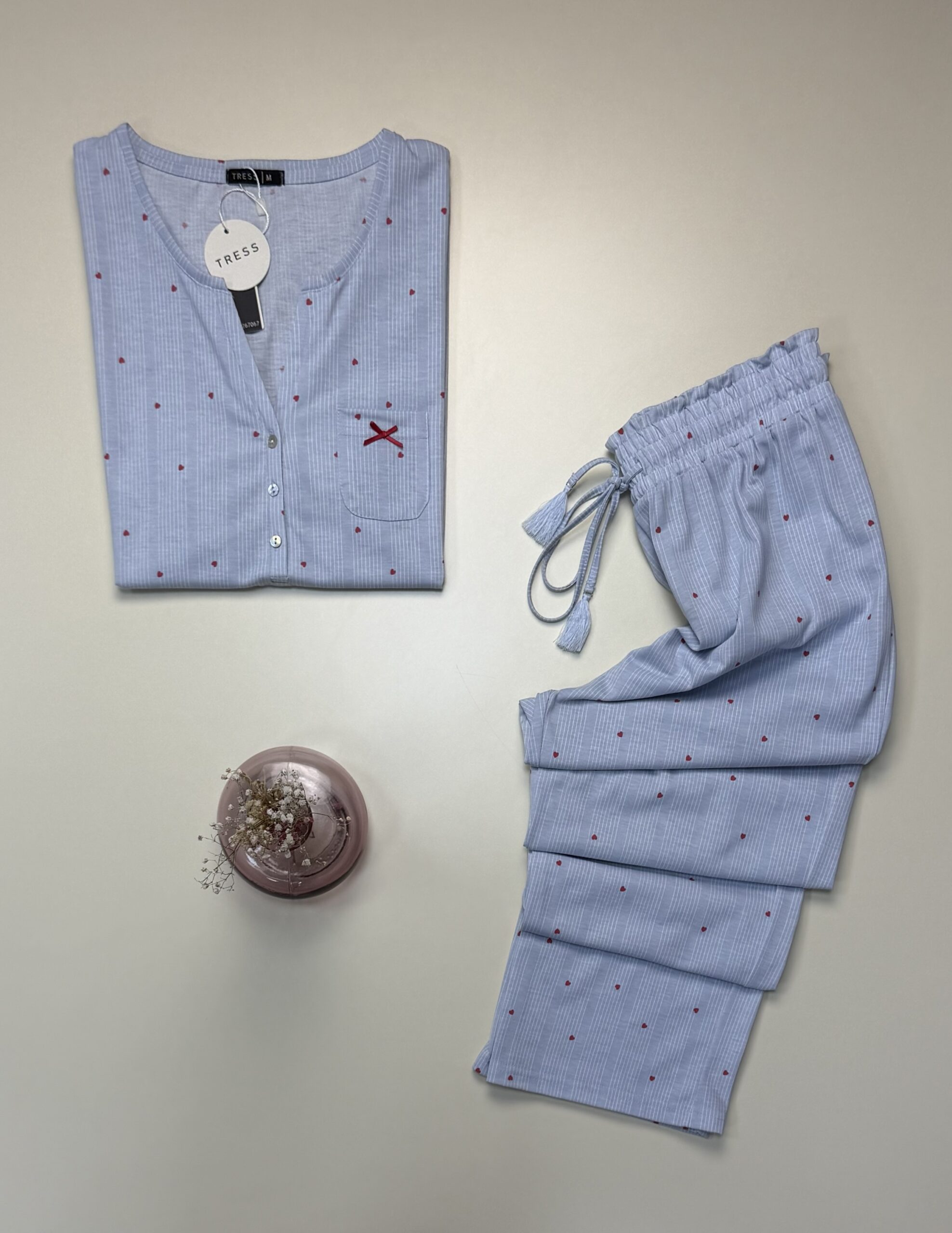 Pyjama pantalon haut demi manche -Tress- Coton " Bleu " – Image 2