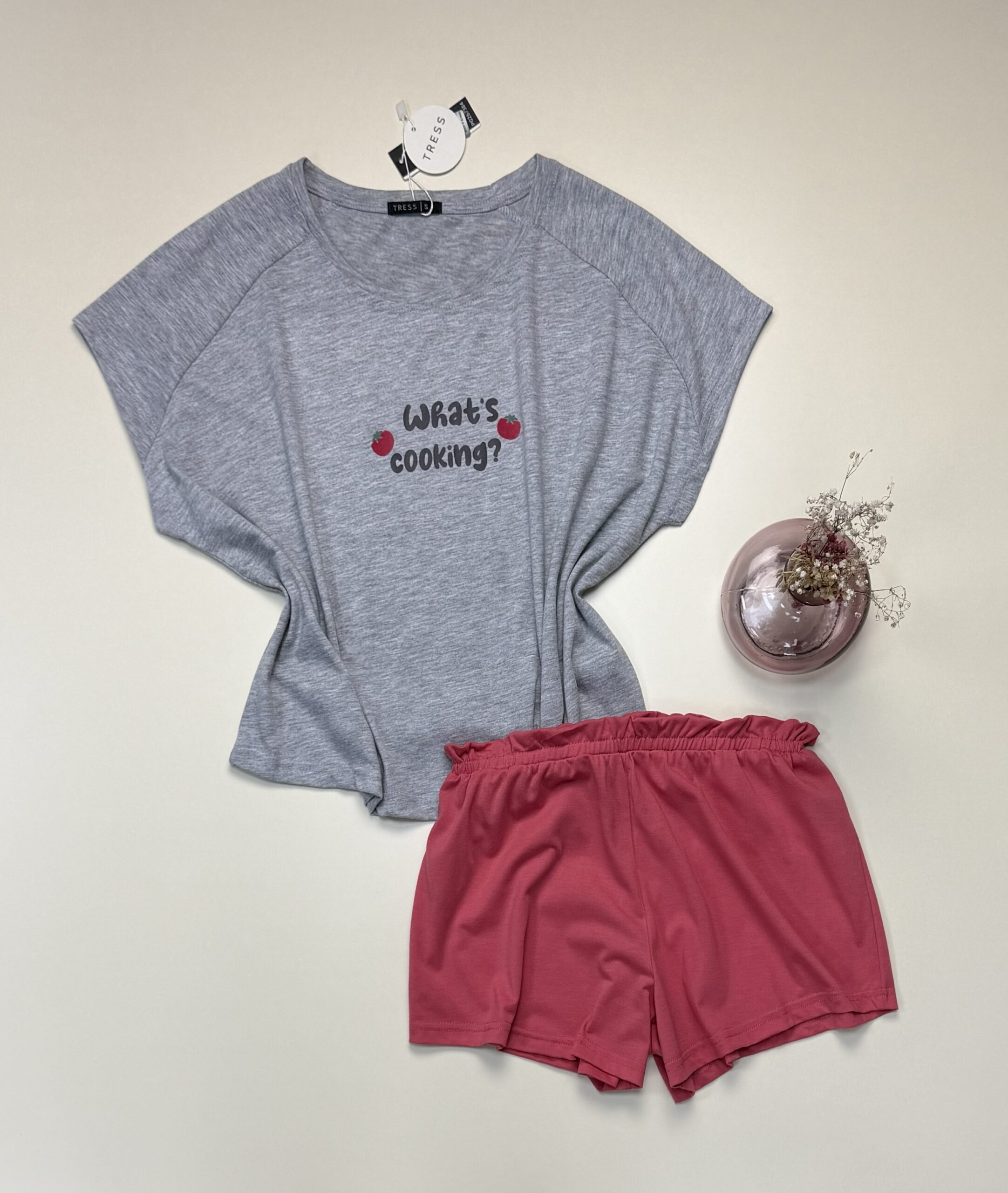 Pyjama short haut demi manche en coton  » Gris  » -TRESS-