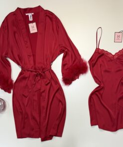 Alternative view of Ensemble nuisette peignoir en satin " Rouge "