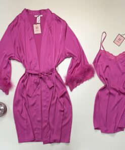Alternative view of Ensemble nuisette peignoir en satin " Fushia "