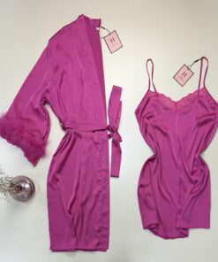Ensemble nuisette peignoir en satin " Fushia "