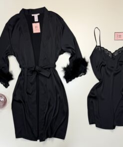 Alternative view of Ensemble nuisette peignoir en satin " Noir "