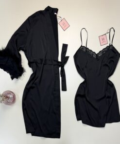 Ensemble nuisette peignoir en satin " Noir "