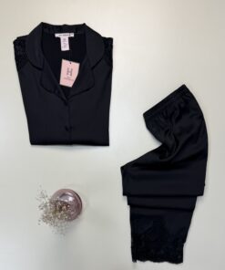 Alternative view of Pyjama boutonné manche longue en satin " Noir "