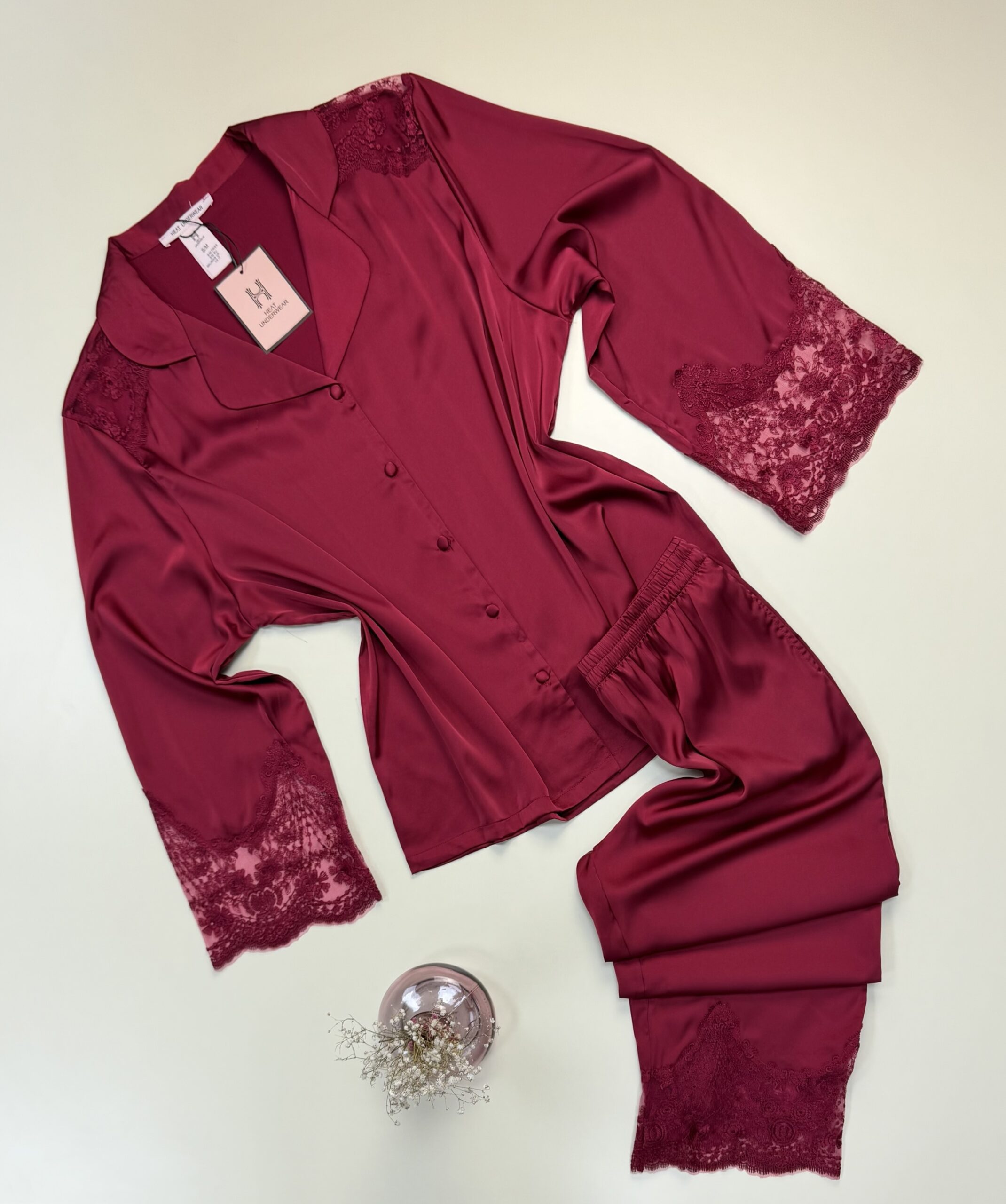 Pyjama boutonné manche longue en satin - H - " Bordeaux "