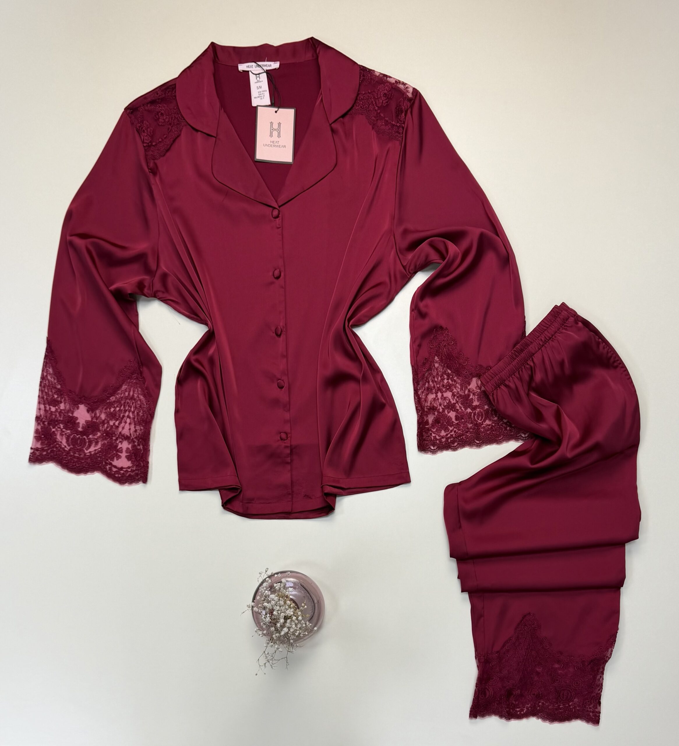 Pyjama boutonné manche longue en satin - H - " Bordeaux " – Image 3