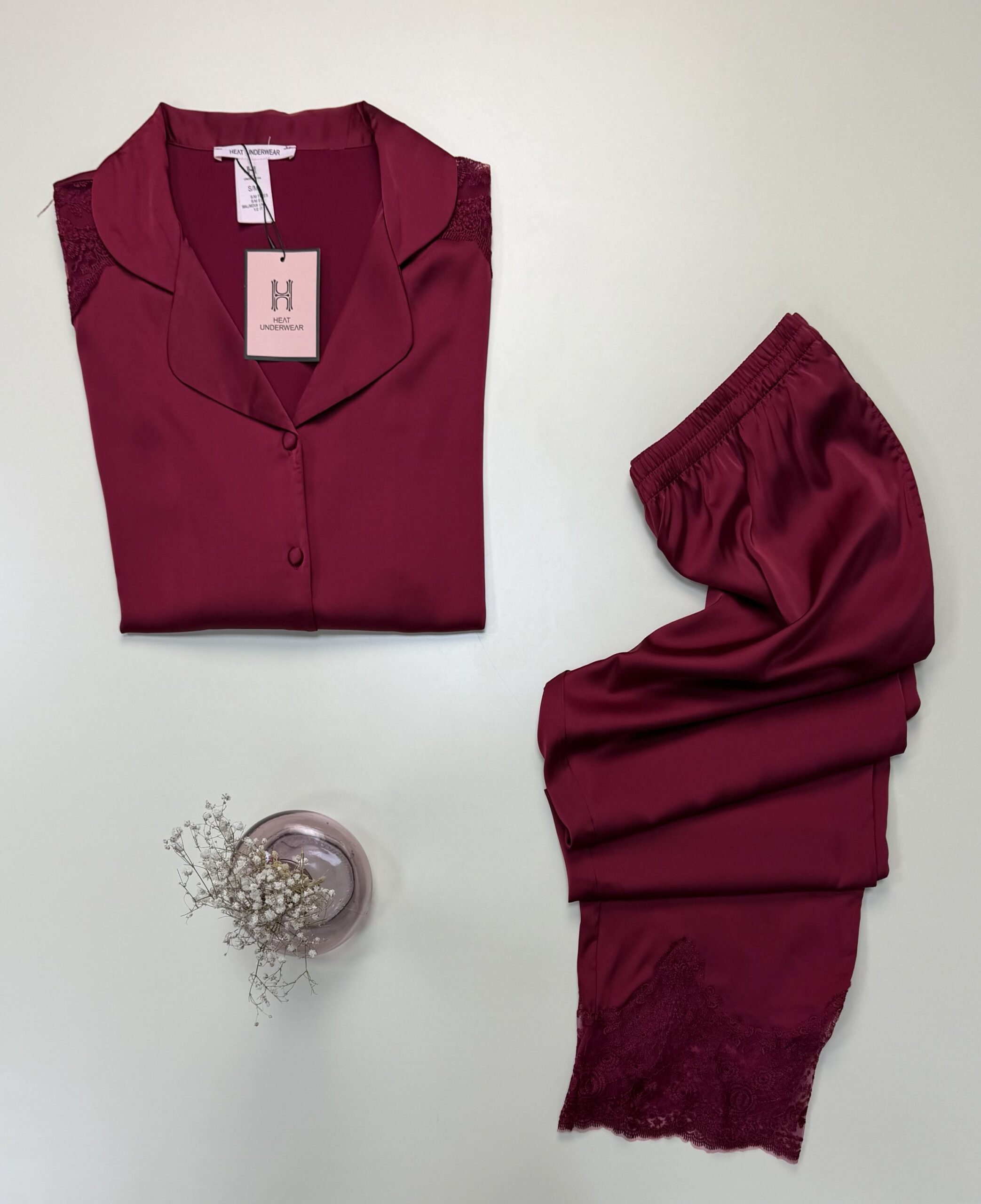 Pyjama boutonné manche longue en satin - H - " Bordeaux " – Image 2