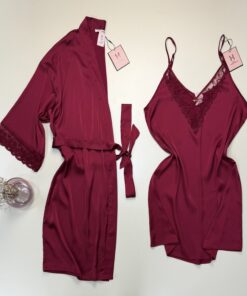 Ensemble nuisette peignoir en satin - H - " Bordeaux "