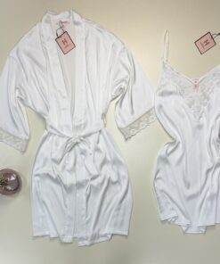 Alternative view of Ensemble nuisette peignoir en satin - H - " Blanc "