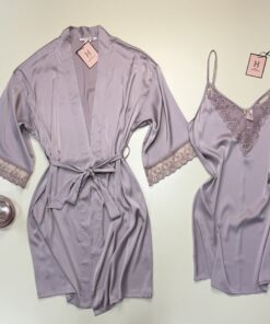 Alternative view of Ensemble nuisette peignoir en satin - H - " Mauve "