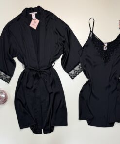 Alternative view of Ensemble nuisette peignoir en satin - H - " Noir "