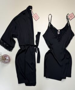 Ensemble nuisette peignoir en satin - H - " Noir "
