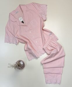 Pyjama boutonné 100% Coton avec broderie -Tress- " Rose "