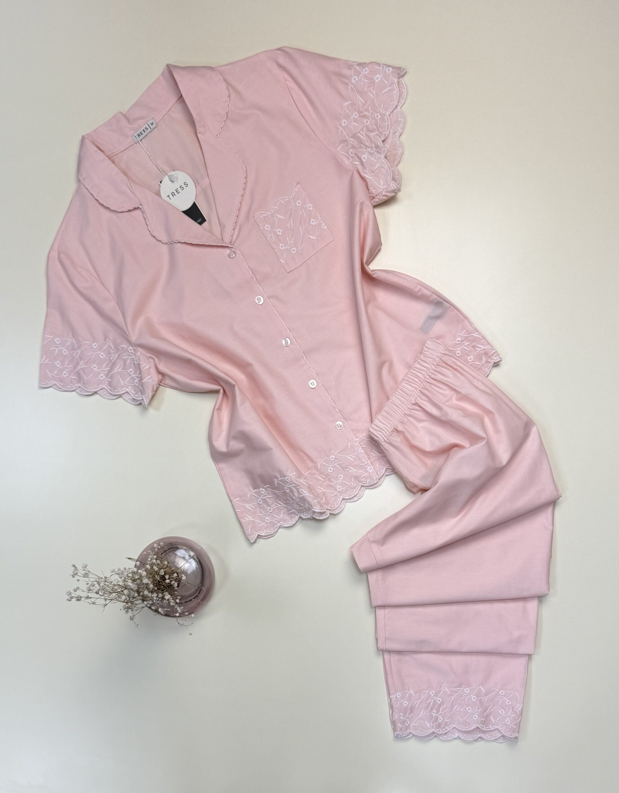 Pyjama boutonné 100% Coton avec broderie -Tress- " Rose "