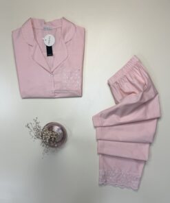Alternative view of Pyjama boutonné 100% Coton avec broderie -Tress- " Rose "
