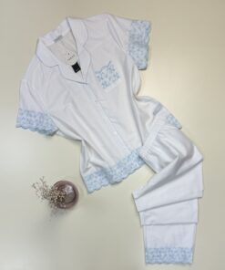 Pyjama boutonné 100% Coton avec broderie -Tress- " Blanc "