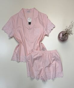 Pyjama short haut demi manche boutonné 100% Coton " Rose " avec broderie