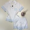 Pyjama short haut demi manche boutonné 100% Coton " Blanc " avec broderie