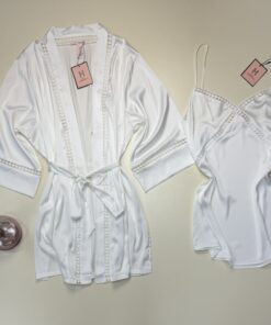 Alternative view of Ensemble nuisette peignoir en satin - H -  " Blanc "