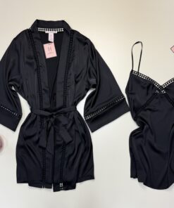 Alternative view of Ensemble nuisette peignoir en satin - H - " Noir "