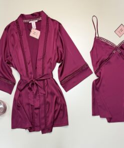 Alternative view of Ensemble nuisette peignoir en satin - H - " cerise  "
