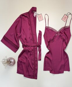 Ensemble nuisette peignoir en satin - H - " cerise "