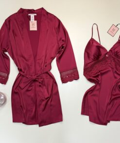 Alternative view of Ensemble nuisette peignoir en satin "Bordeaux " -H-