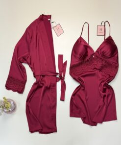 Ensemble nuisette peignoir en satin "Bordeaux " -H-
