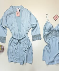 Alternative view of Ensemble nuisette peignoir en satin "Bleu/vert" -H-