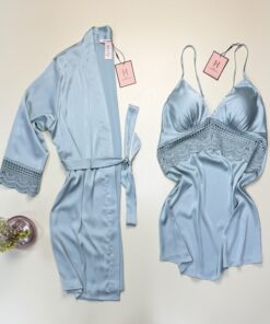 Ensemble nuisette peignoir en satin "Bleu/vert" -H-