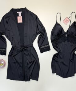 Alternative view of Ensemble nuisette peignoir en satin "Noir" -H-