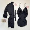 Ensemble nuisette peignoir en satin "Noir" -H-
