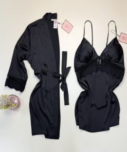 Ensemble nuisette peignoir en satin "Noir" -H-