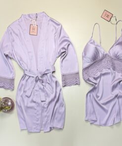 Alternative view of Ensemble nuisette peignoir en satin "Mauve" -H-