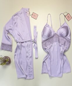 Ensemble nuisette peignoir en satin "Mauve" -H-