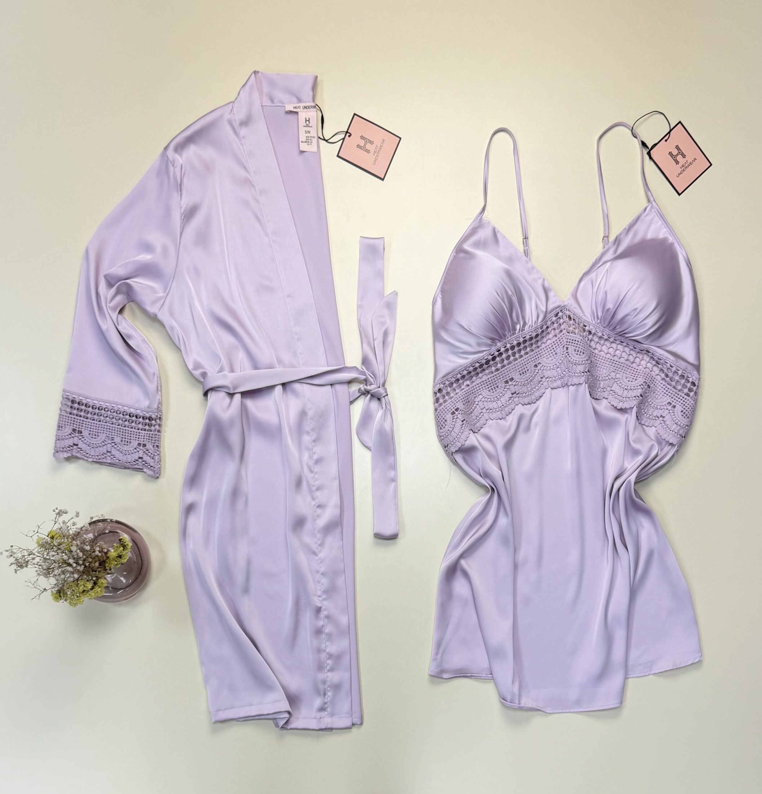 Ensemble nuisette peignoir en satin "Mauve" -H-