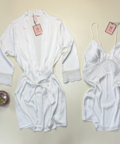Alternative view of Ensemble nuisette peignoir en satin "Blanc" -H-