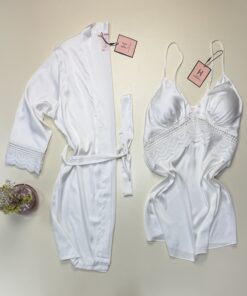 Ensemble nuisette peignoir en satin "Blanc" -H-