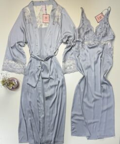 Alternative view of Ensemble nuisette peignoir long en satin - H - " Rose "