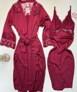 Alternative view of Ensemble nuisette peignoir long en satin - H - " Bordeaux "