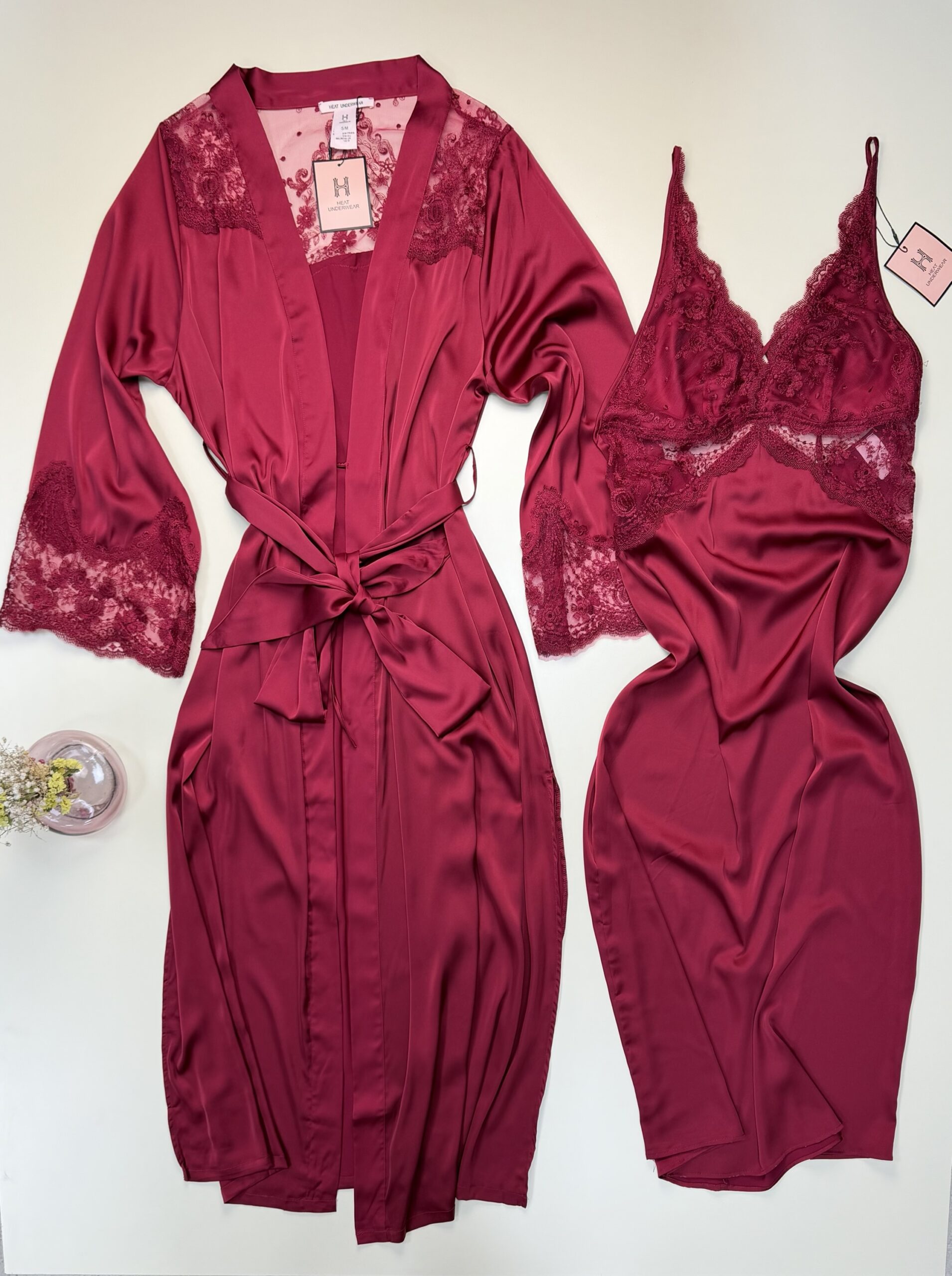 Ensemble nuisette peignoir long en satin - H - " Bordeaux " – Image 2